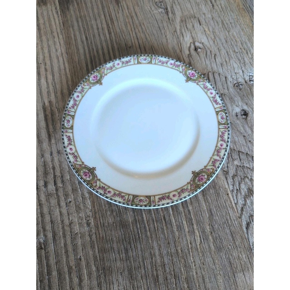 Vintage Limoges France Gold Gilt Edge Pink Green  Porcelain Salad Plate 7.5"